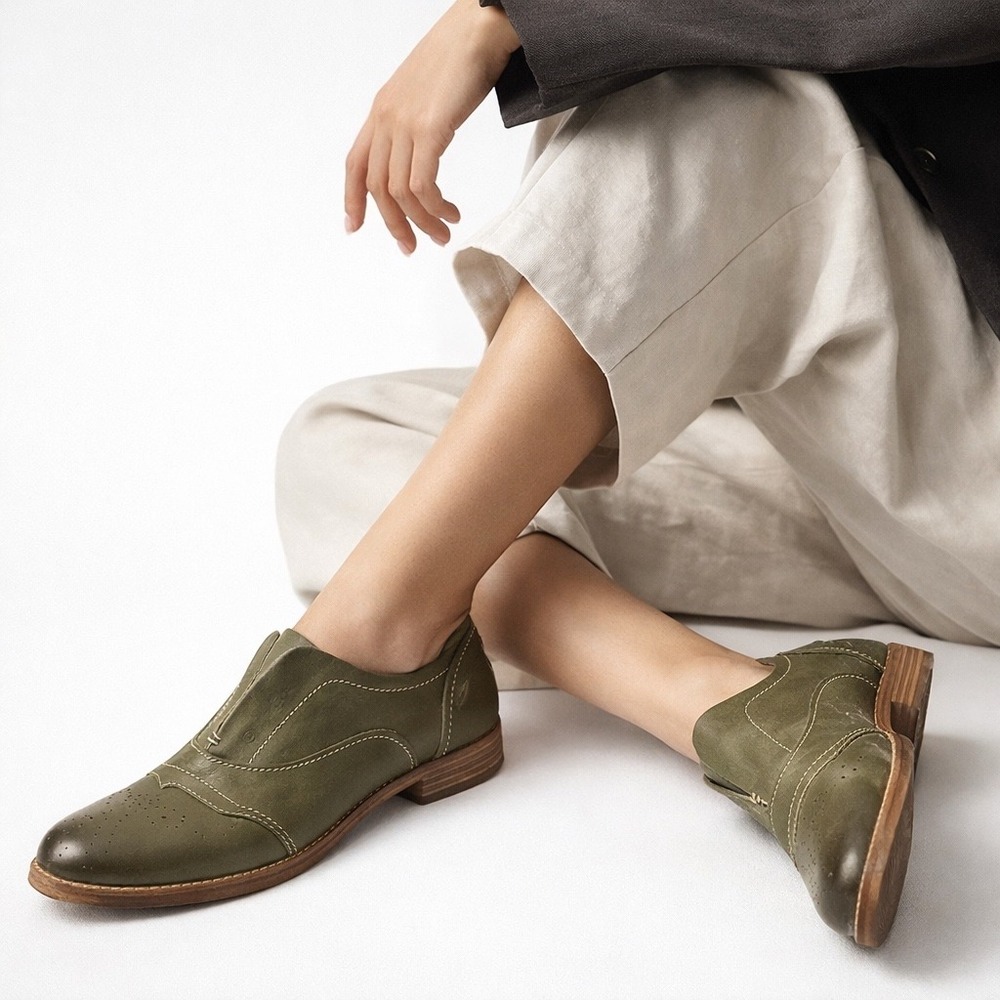 Blackstone HL55 Olive Green‎ Leather Brogue Oxford Flats Women EU 40 Minimalist
